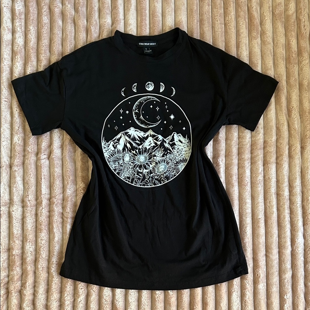 Black Celestial Goth Graphic T-Shirt with Mountain and Moon Design
